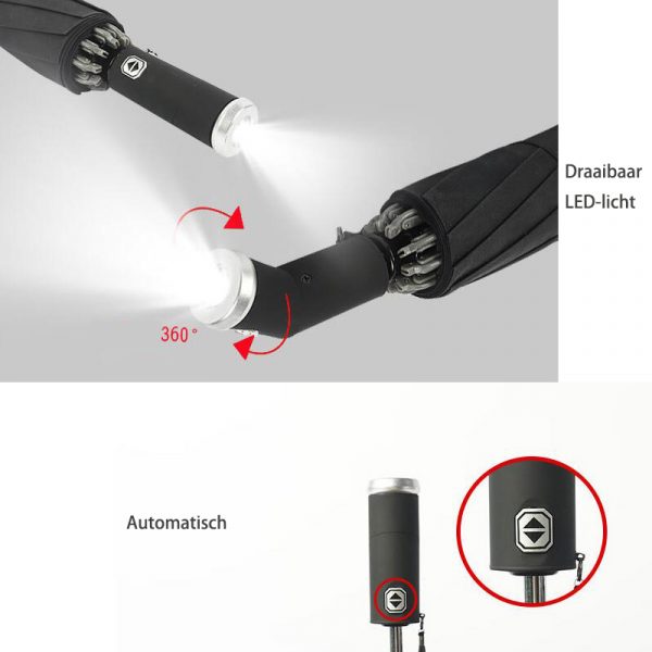 Luxe Stormparaplu - Opvouwbaar-Paraplu met zaklamp-hoogwaarde stormparaplu-paraplu met LED lamp-reflecterende paraplu-Paraplu met draaibaar LED licht - Afbeelding 3